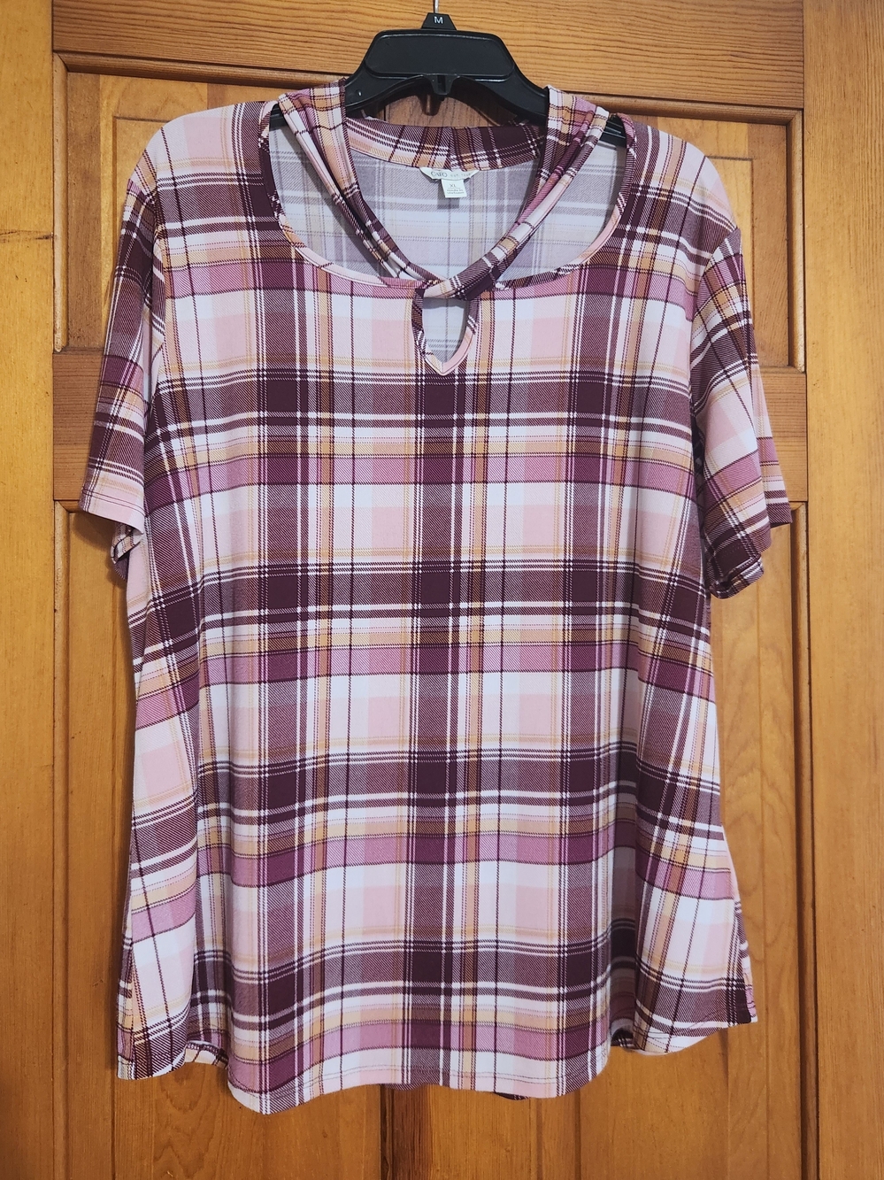 Cato Pink Mauve Plaid Short Sleeve Keyhole Top